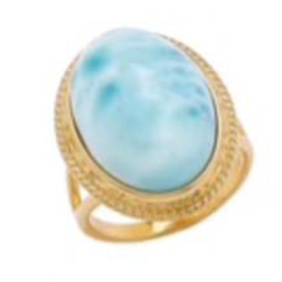 LARIMAR BLUE AMBER RING, SIZE 8, STERLING SILVER PLATED, OVAL CABOCHON, BY AMBER - Picture 1 of 1